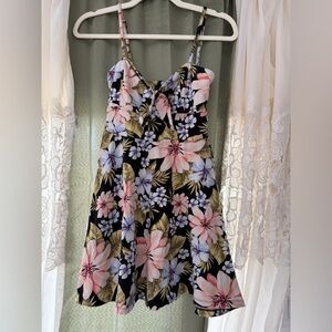 Floral Tie-Front Fit & Flare Mini Dress Thick Cotton Knit Size XS/S Tropical